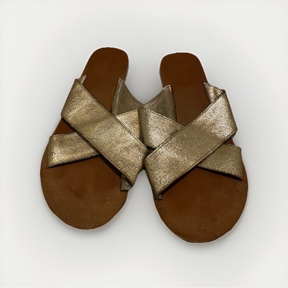 J. Crew Gold Metallic Cross Strap Sandals